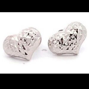 New 18K Solid Real Gold white gold heart earrings diamond cut studs large